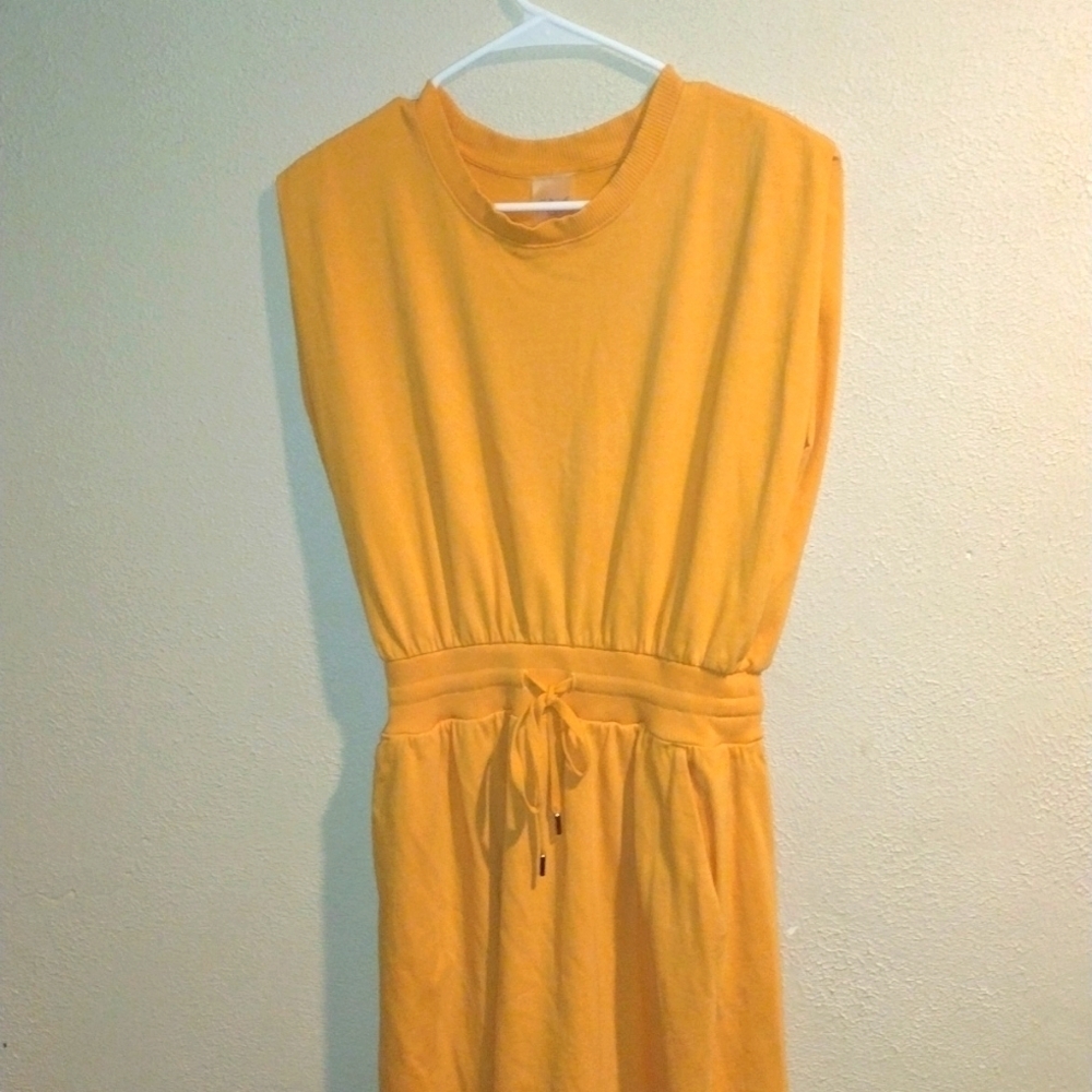 Orange 100% Cotton Athletic Sleeveless Midi Dress with Drawstring Waist S